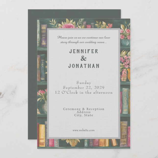 Rustic Book Lovers Print Floral Wedding Invitation (Front/Back)