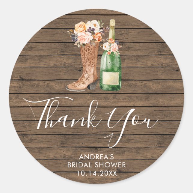 Rustic Boot Bubbly Bridal Shower Thank You Sticker (Front)
