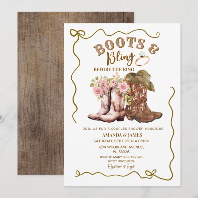 Rustic Boots and Bling Cowboy Couples Shower  Invitation (Front/Back)