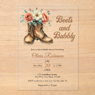 Rustic Boots and Bubbly Western Bridal Shower  Acrylic Invitations