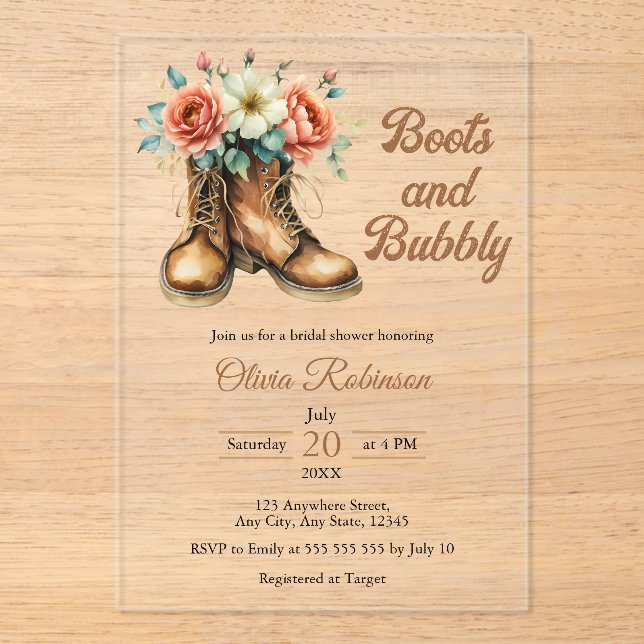 Rustic Boots and Bubbly Western Bridal Shower  Acrylic Invitations (Front)
