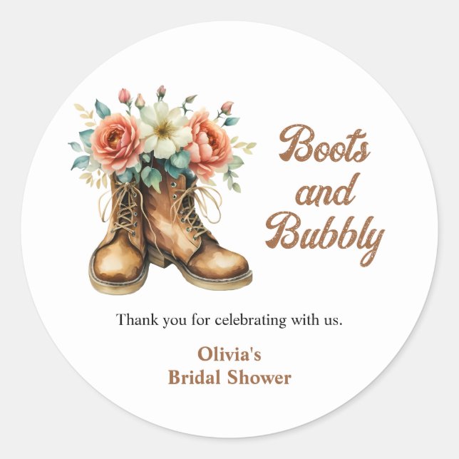 Rustic Boots and Bubbly Western Bridal Shower  Classic Round Sticker (Front)