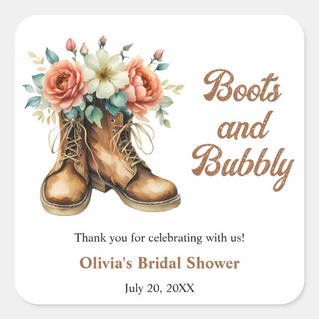Rustic Boots and Bubbly Western Bridal Shower  Square Sticker (Front)