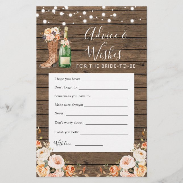 Rustic Boots & Bubbly Advice & Wishes Card (Front)