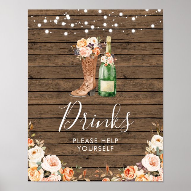 Rustic Boots & Bubbly Bridal Shower Drink Sign (Front)