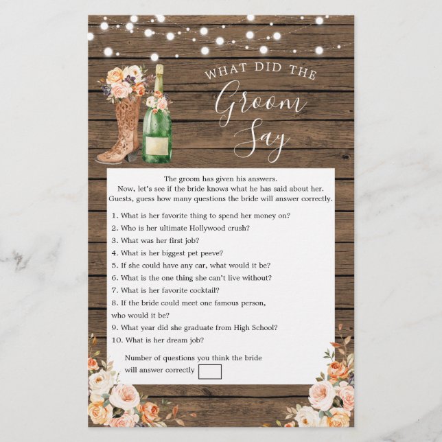 Rustic Boots & Bubbly Bridal Shower Groom Say Game (Front)