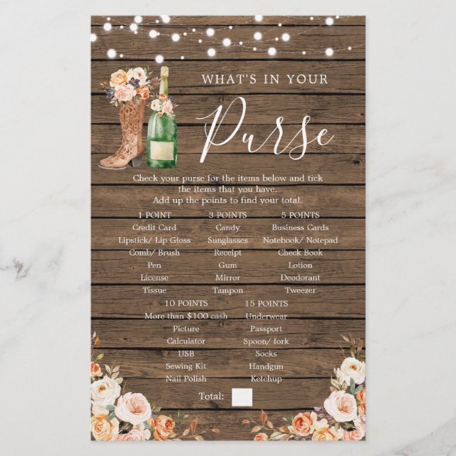 Rustic Boots & Bubbly Bridal Shower Purse Game (Front)