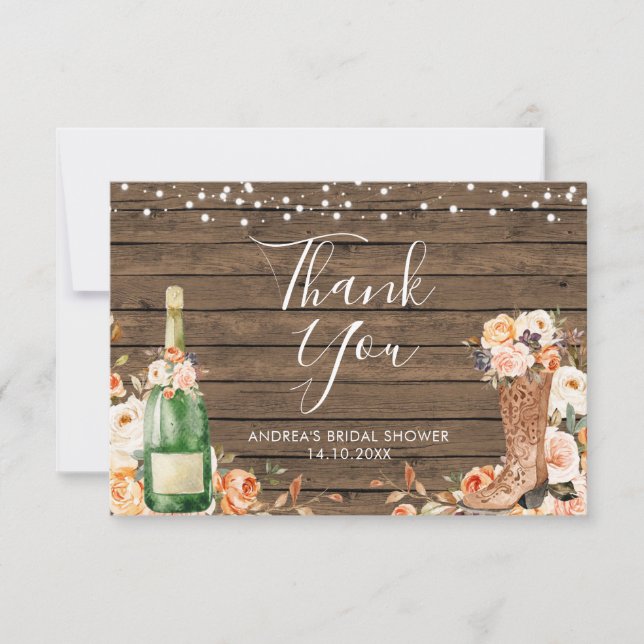 Rustic Boots & Bubbly Bridal Shower Thank You Card (Front)