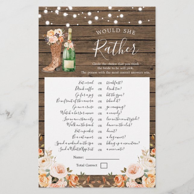 Rustic Boots & Bubbly Would She Rather Game (Front)