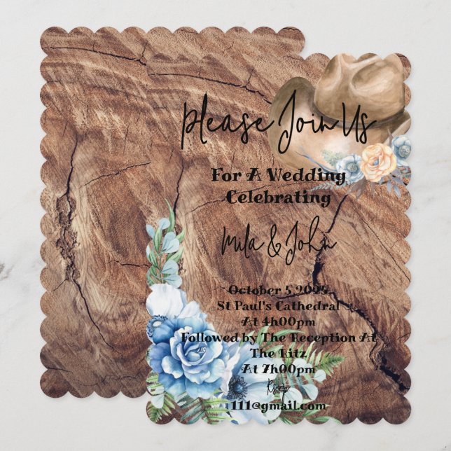 RUSTIC BOOTS COWBOY WEDDING INVITATION CARD (Front/Back)
