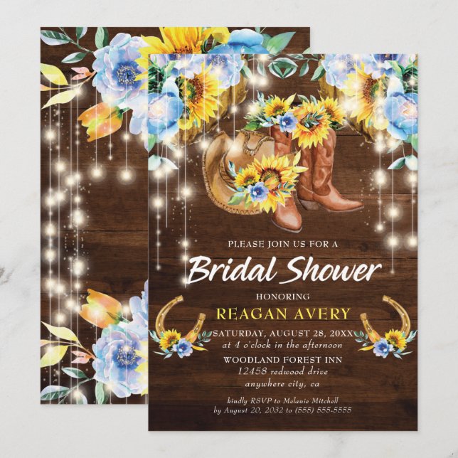 Rustic Boots Floral String Lights Bridal Shower Invitation (Front/Back)