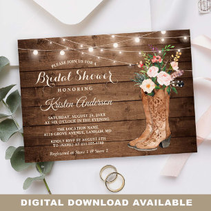 Rustic Boots Floral String Lights Bridal Shower Invitation