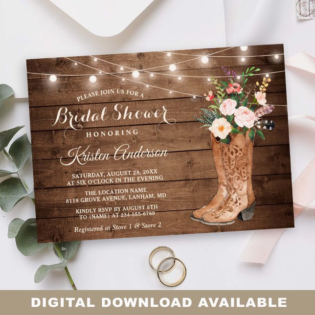 Rustic Boots Floral String Lights Bridal Shower Invitation (Perfect for anyone planning a rustic-themed bridal shower filled with joy and love.)