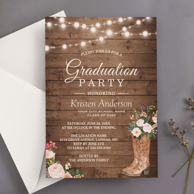 Rustic Boots Floral String Lights Graduation Party Invitation (Creator Uploaded)