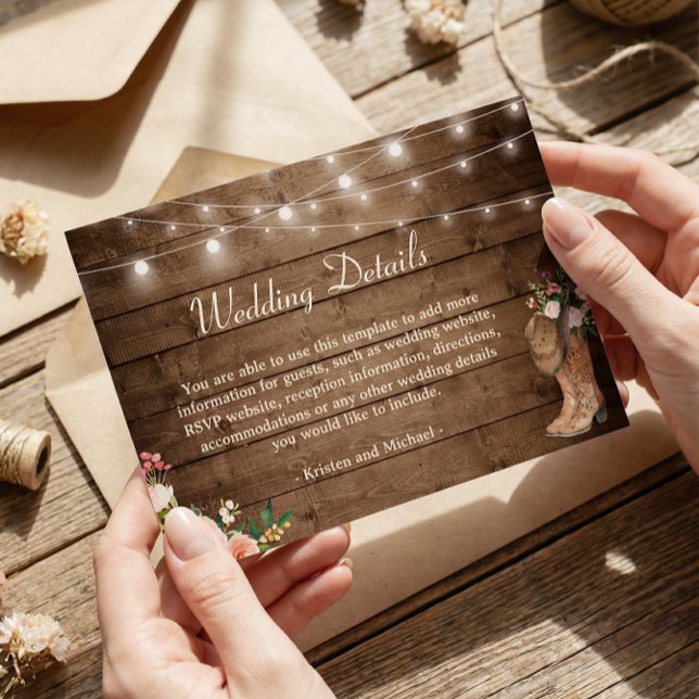 Rustic Boots Floral String Lights Wedding Details Enclosure Card (Creator Uploaded)