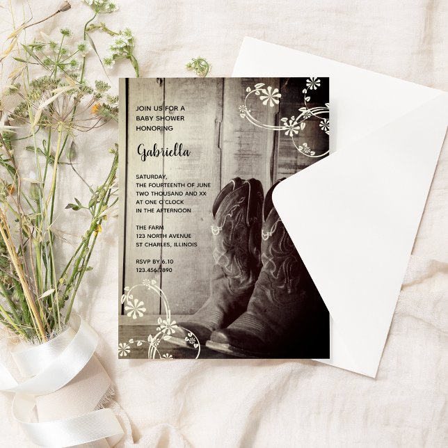 Rustic Boots Flowers Country Western Baby Shower Invitation (Creator Uploaded)