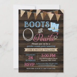 Rustic Boots or Pearls Gender Reveal Baby Shower Invitation