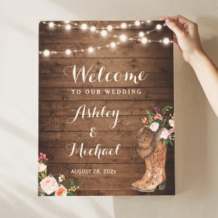 Rustic Boots String Lights Floral Wedding Sign