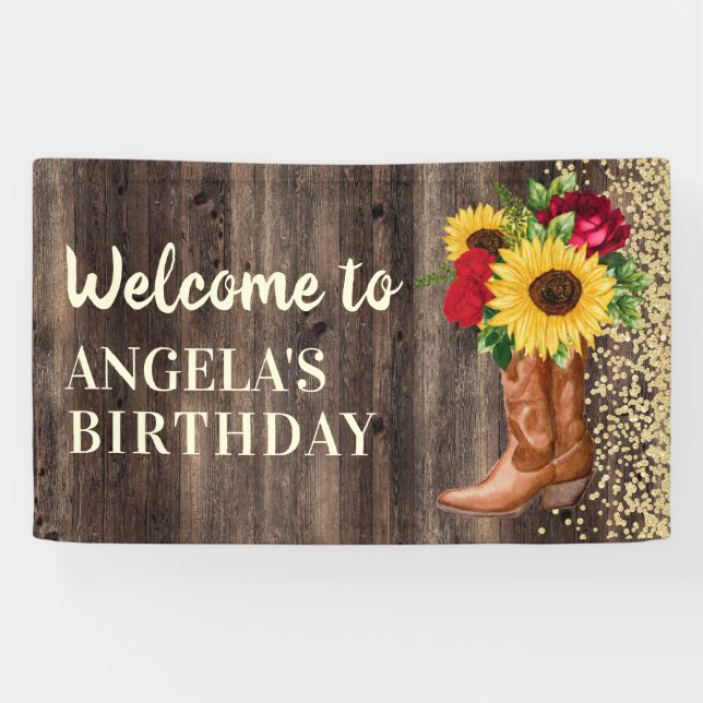 Rustic Boots Sunflowers Red Roses Birthday Welcome Banner (Horizontal)