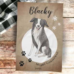 Rustic Border Collie Drawing Paw Merry Christmas  Tea Towel