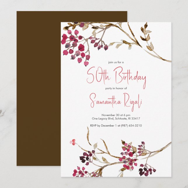 Rustic Botanical 50th Birthday Invitations (Front/Back)