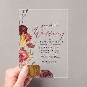 Rustic Botanical Autumn Fall Pumpkin Wedding  Acrylic Invitations