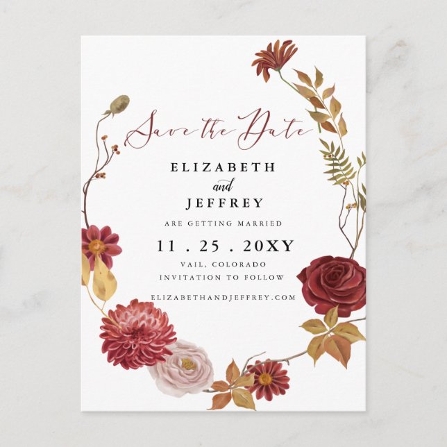 Rustic Botanical Autumn Fall Save The Date   Annou Announcement Postcard (Front)