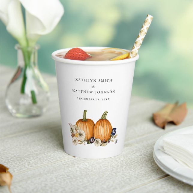 Rustic Botanical Autumn Pumpkin Fall Wedding Paper Cups (Insitu)