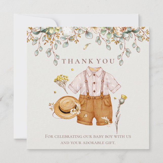 Rustic Botanical Baby Boy Shower Thank You Card  (Front)