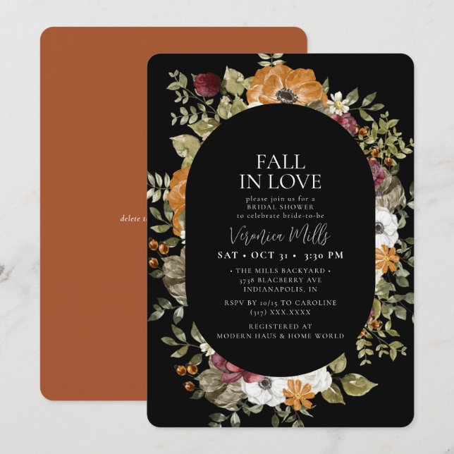Rustic Botanical Black Terracotta  Bridal Shower Invitation (Front/Back)