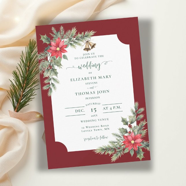 Rustic Botanical Burgundy Green Winter Wedding Invitation (winter wedding invitation christmas greenery floral poinsettia watercolor burgundy rustic elegant)