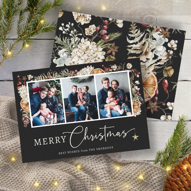 Rustic Botanical Christmas Photo Card (Black Boho Rustic Botanical Christmas 3 Photos Holiday Card by Painted Paperie)