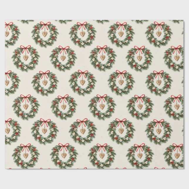 Rustic Botanical Christmas Wreath Pattern Wrapping Paper (Flat)