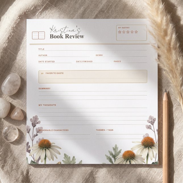 Rustic Botanical Coneflower Book Review Reading Notepad (Creator Uploaded)