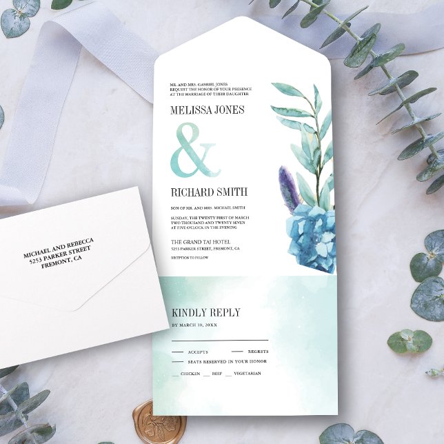 Rustic Botanical Dusty Blue Floral Wedding All In One Invitation (Creator Uploaded)