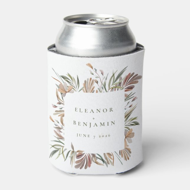 Rustic Botanical Earth Tones Wedding Names Custom  Can Cooler (Can Front)