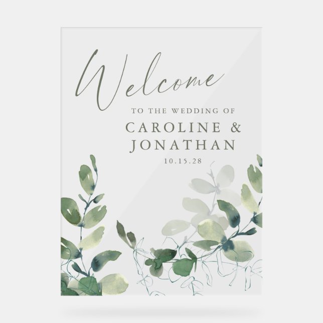 Rustic Botanical Eucalyptus Custom Wedding Acrylic Sign (Front)