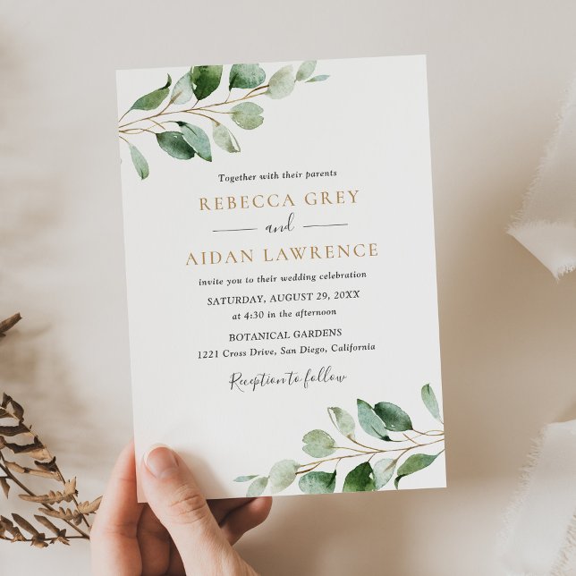 Rustic Botanical Eucalyptus Greenery Gold Wedding Invitation (Creator Uploaded)
