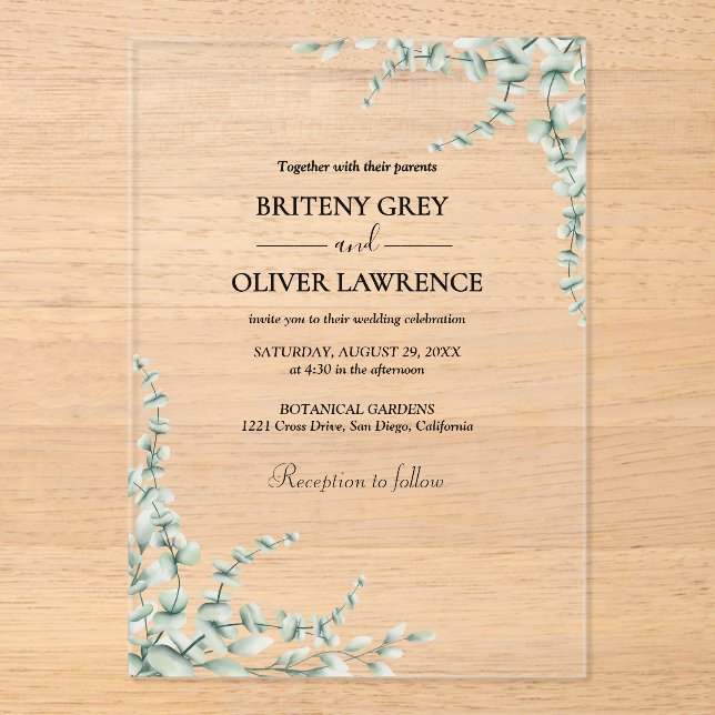 Rustic Botanical Eucalyptus Greenery Wedding Acrylic Invitations (Front)