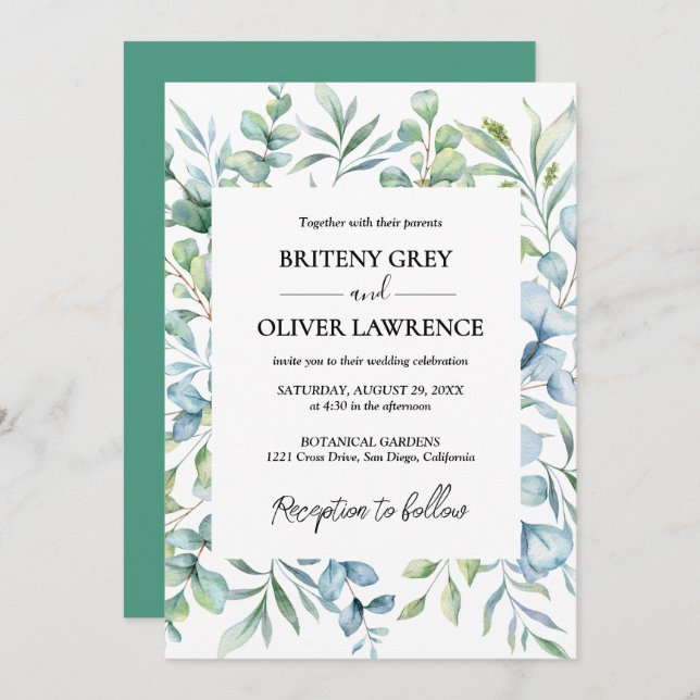 Rustic Botanical Eucalyptus Greenery Wedding Invitation (Front/Back)