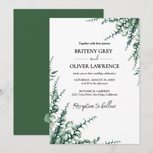 Rustic Botanical Eucalyptus Greenery Wedding Invitation (Front/Back)