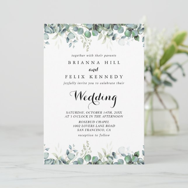 Rustic Botanical Eucalyptus Greenery Wedding Invitation (Standing Front)