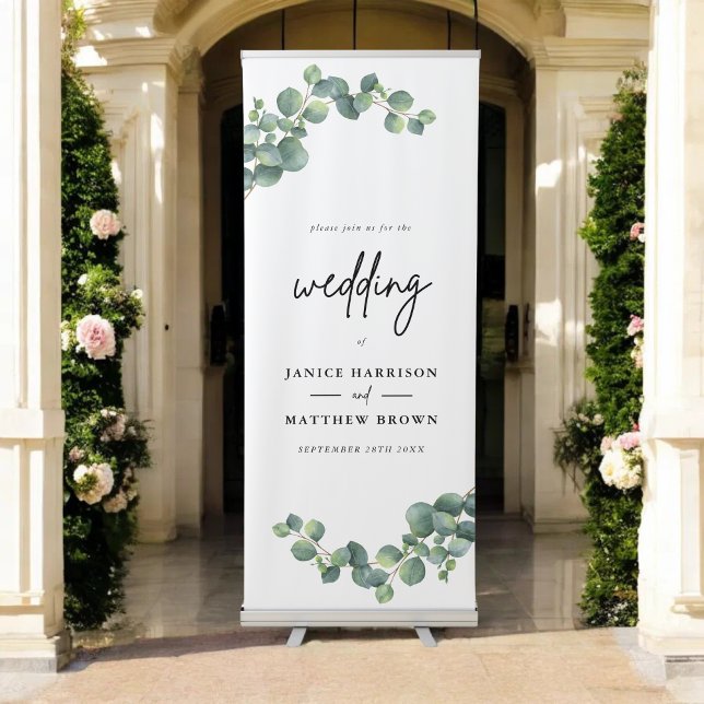Rustic Botanical Eucalyptus Greenery Wedding Retractable Banner (Rustic botanical eucalyptus banner welcomes guests with natural charm and a warm touch.)