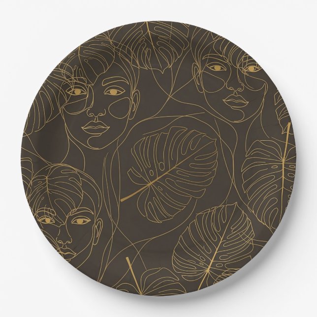 Rustic Botanical Face Line Pattern (1) Paper Plate (Front)