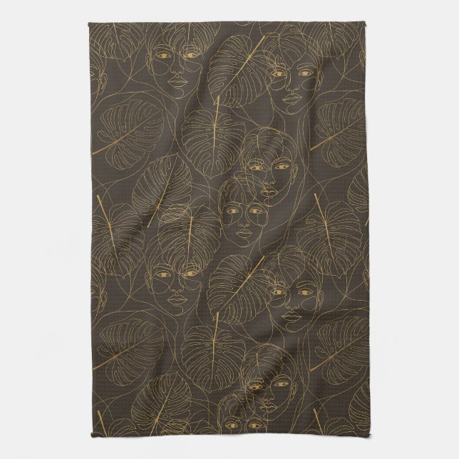 Rustic Botanical Face Line Pattern (1) Tea Towel (Vertical)