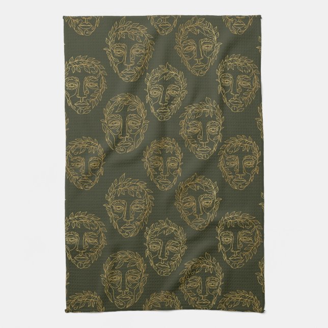 Rustic Botanical Face Line Pattern (2) Tea Towel (Vertical)