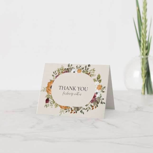 Rustic Botanical Fall Floral Horizontal with Pic Thank You Card (Front)