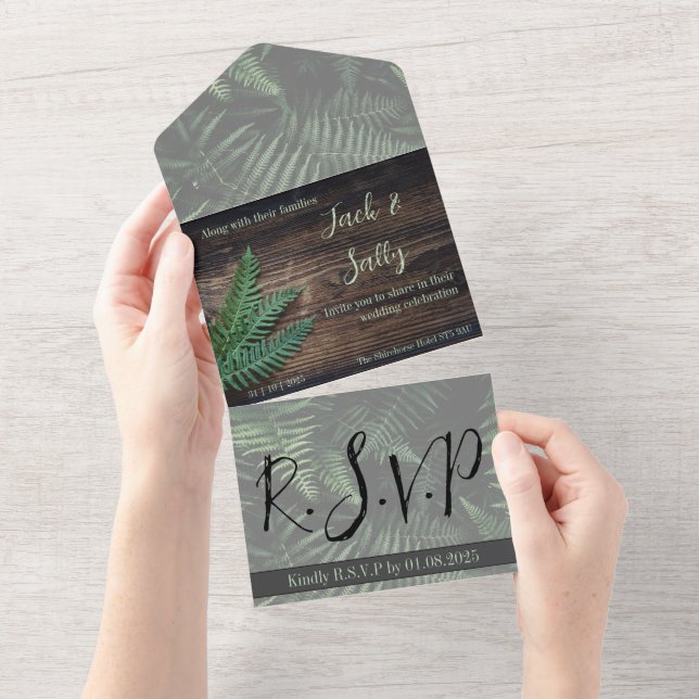 Rustic Botanical Fern Wedding All In One Invitation (Tearaway)