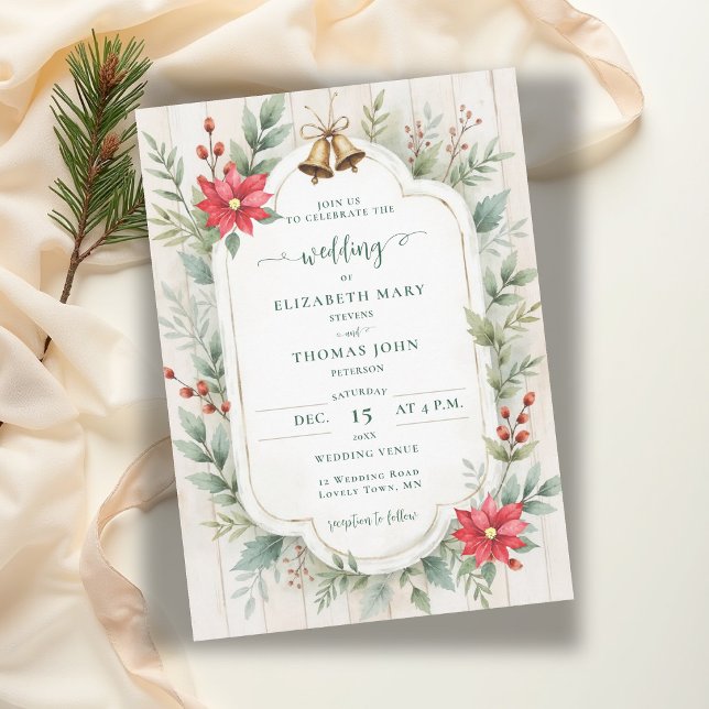 Rustic Botanical Floral Barn Wood Winter Wedding Invitation (winter wedding invitation rustic greenery poinsettia light barn wood bells green red template)