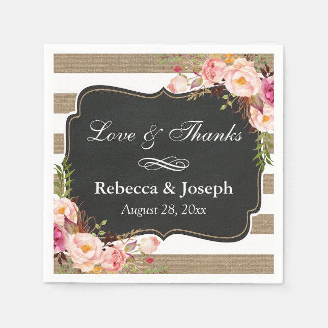 Rustic Botanical Floral Burlap Stripes Love Thanks Napkin (Front)